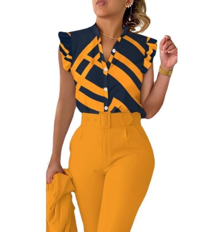 2023 Women’s Summer Printed V-Neck Button Shirt with Petal Sleeve