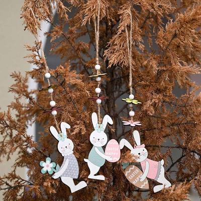 Adorno del día de Pascua, colgante de conejito de oreja larga de madera de Pascua, decoración colgante