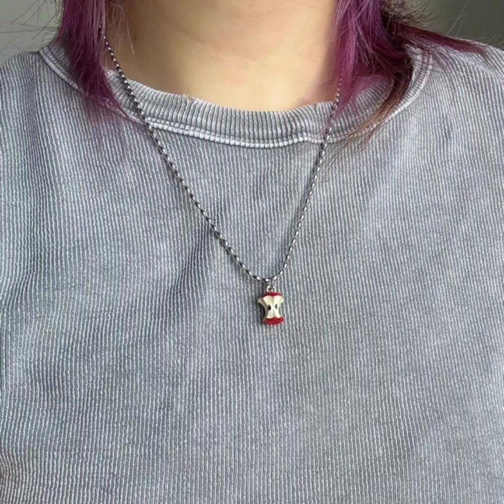 Creative Cute Apple Kernel Fruit Pendant Sliver Color Oval-shaped Rice Bead Necklace for Women Men Personality Retro Jewelry