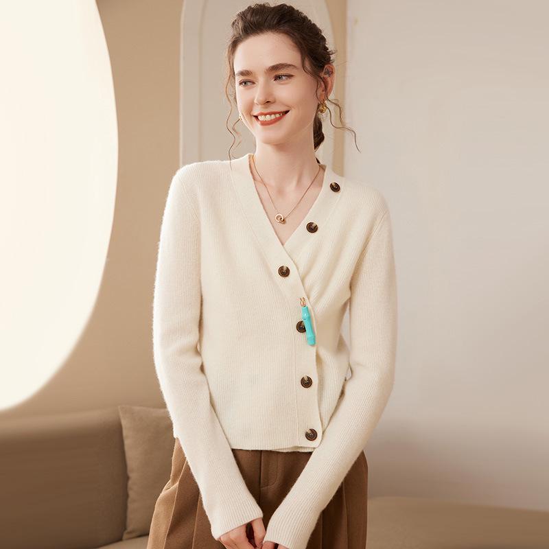 Women's V-Neck Cashmere Cardigan - Loose Long Sleeve Knit with Button Design Inspired by Ejiā