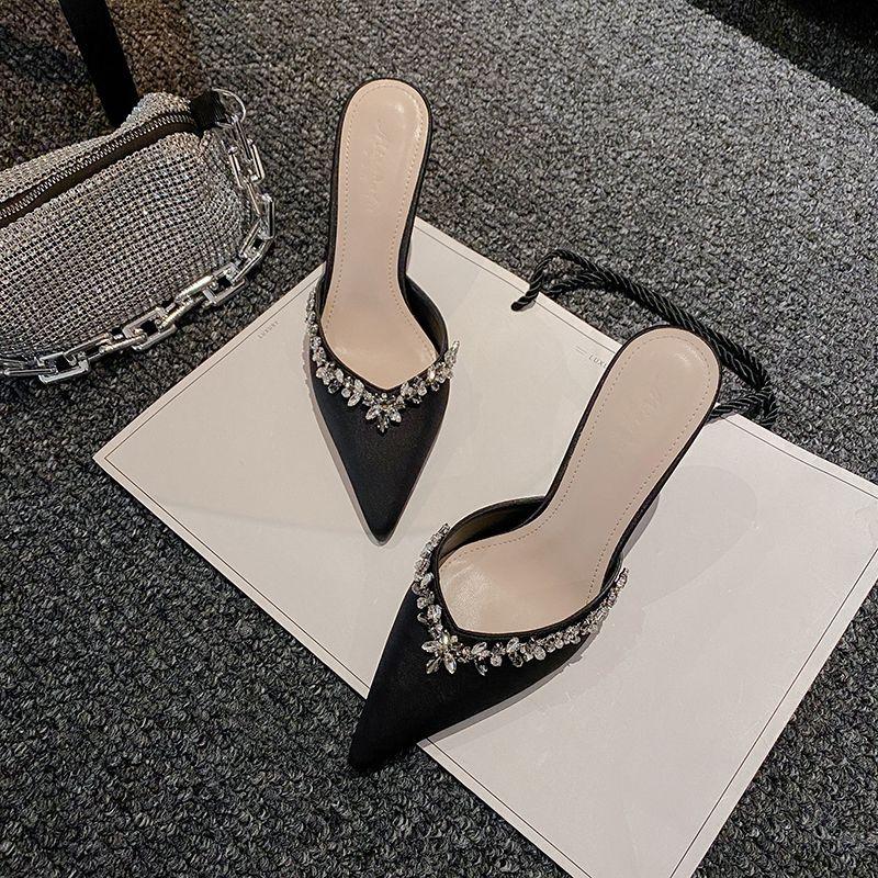 Black Satin Pointed Rhinestone High Heels 2025 Spring New Internet Celebrity Sexy Thin Heel Bag Head Cool Slippers Women