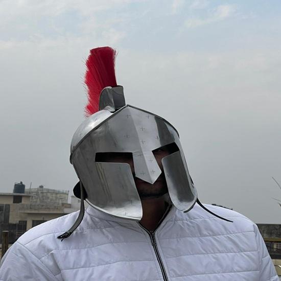 Silver Spartan Helmet with Red Plume Medieval Corinthian Knight Armor Cosplay Gift
