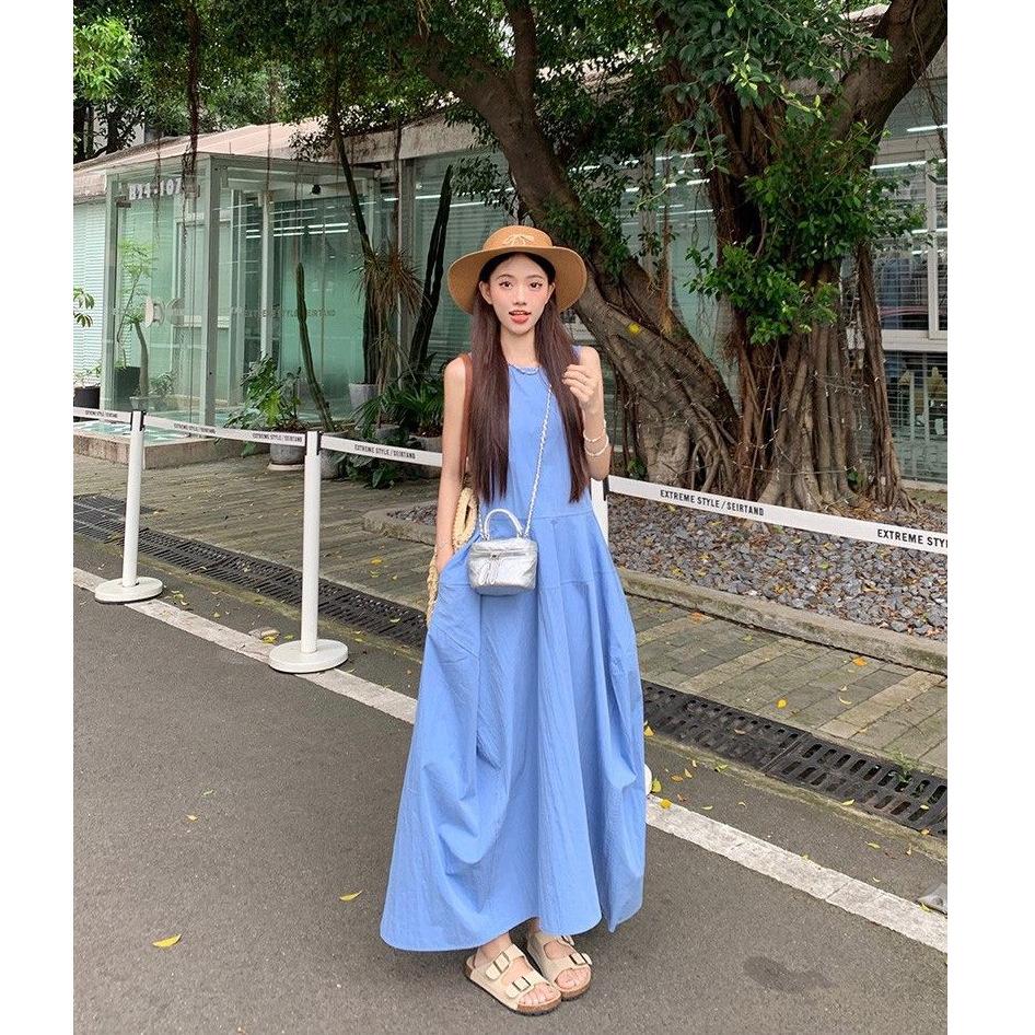 French holiday style temperament blue vest dress women's summer new design feeling waist thin a word long dress