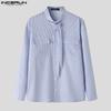 INCERUN Two Pieces Men Stand Neck Striped Long Sleeve Shirts Short Pants Casual Sets