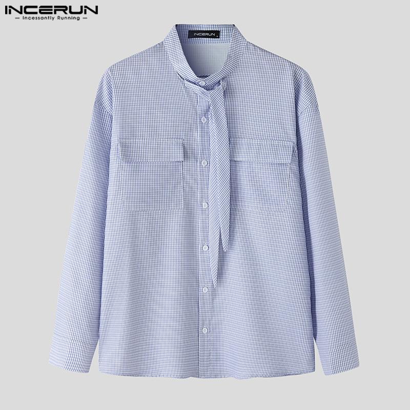 INCERUN Two Pieces Men Stand Neck Striped Long Sleeve Shirts Short Pants Casual Sets