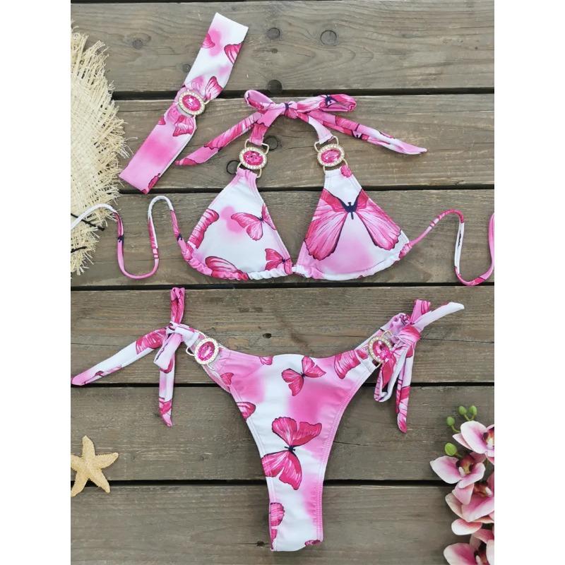 Luksusowy Bikini 2025 Kobiety Neonowy Zielony Gradientowe Dżety Push Up Mikro Kostium Kąpielowy Plażowy Kostium Kąpielowy Diamentowy Pasek 3-częściowy Strój Kąpielowy