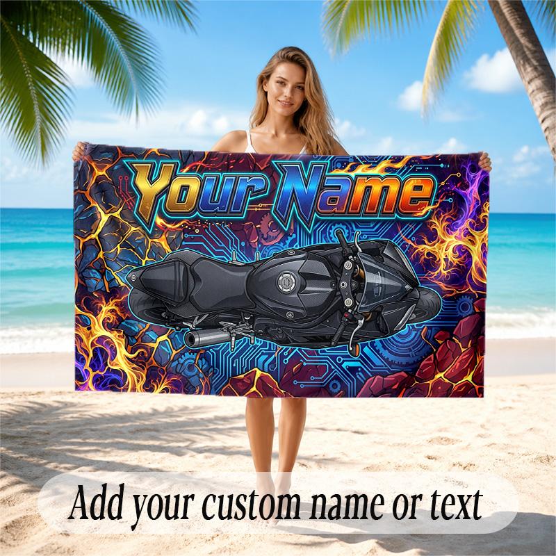 Motorcycle Biker Theme Quick Dry Beach Towel Custom Name Text Print Large Sand Resistant Towel Beach Vacation