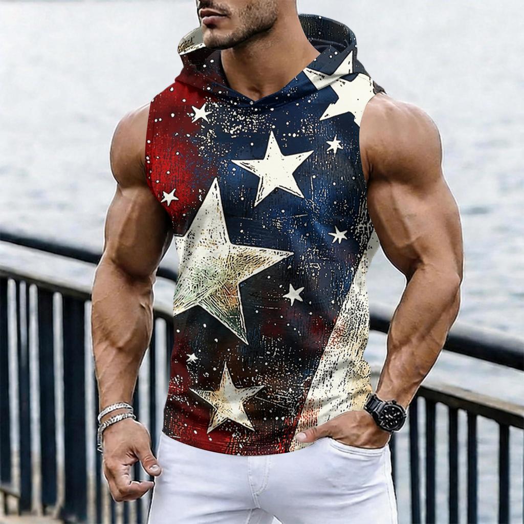 Men's Casual Sleeveless Hoodie Tank Top with Independence Day Print Lightweight Summer Muscle Fit Activewear