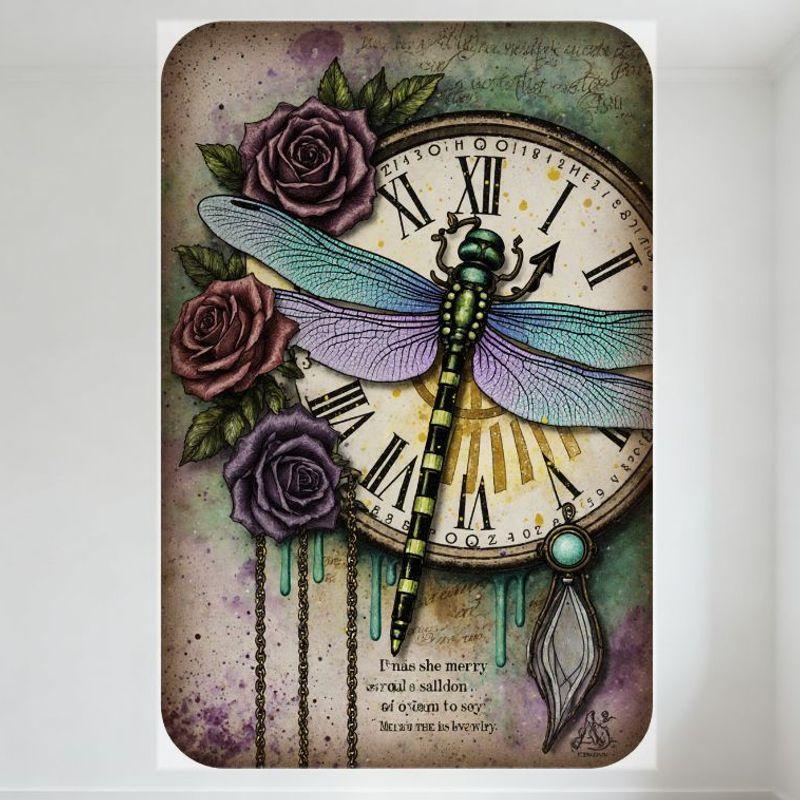 

Vintage Whimsical Metal Tin Sign with Dragonfly, Roses, Melting Tears & Clock - Retro Wall Art for Home Bar Café Man Cave Decor 20x30cm（7.8x11.8inch）