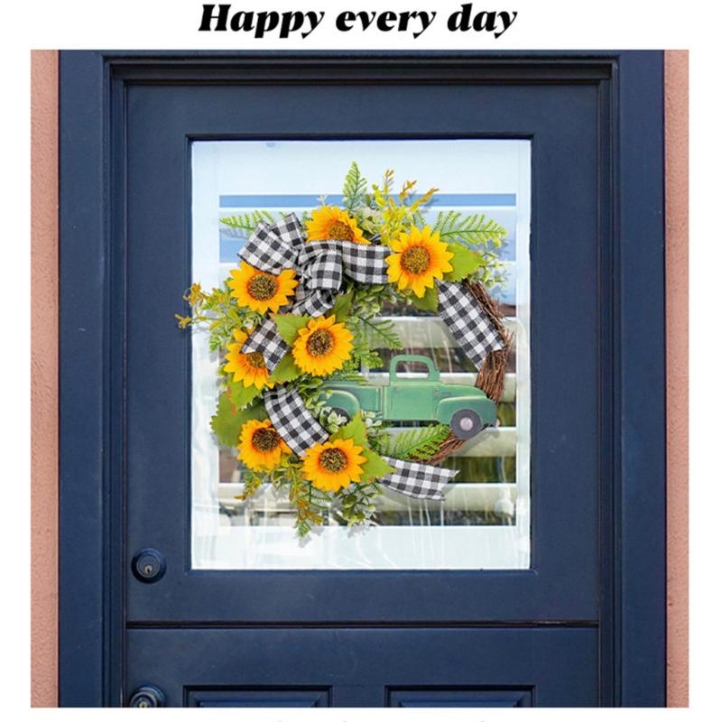 Sunflowers Wreath with Truck for Front Door, Artificial Spring Wreath for Farmhouse Outdoor Garden Wedding Decorations