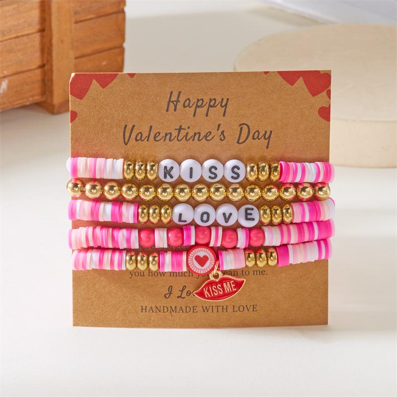 5/6/7Pcs/Set Bohemian Polymer Clay Beaded Bracelets for Women Romantic Sweet Pink Wristband Bangle Valentine's Day Jewelry Gift