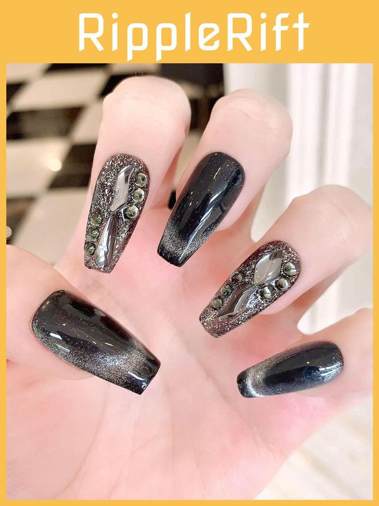 Trendy Black Cat Eye Manicure Stickers Sparkling Gems And Handcrafted Design