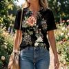 Damen Blumenprint Kurzarm Henley-Hals mit Knöpfen Leinen-Baumwoll-Bluse Lässig Leichtes Sommerhemd