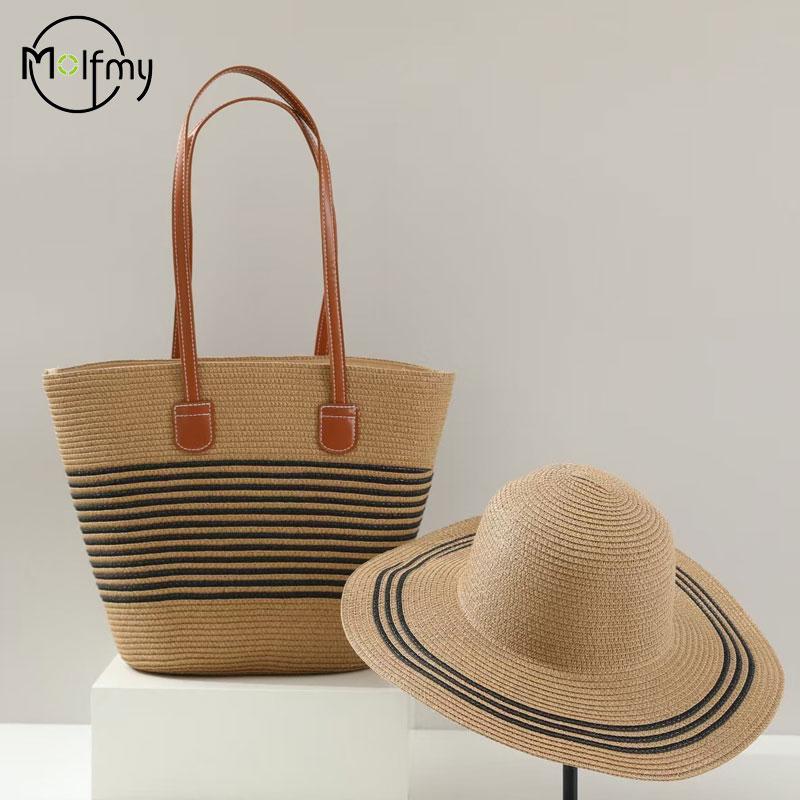 Straw Bag White Beach Hat Women's Summer Beach Tote Bags Outdoor Travel Vacati Large Capacity Shoulder Handbag Shade Beach Hat