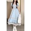 French high-end blue bubble sleeve dress children's summer new small temperament waist dress