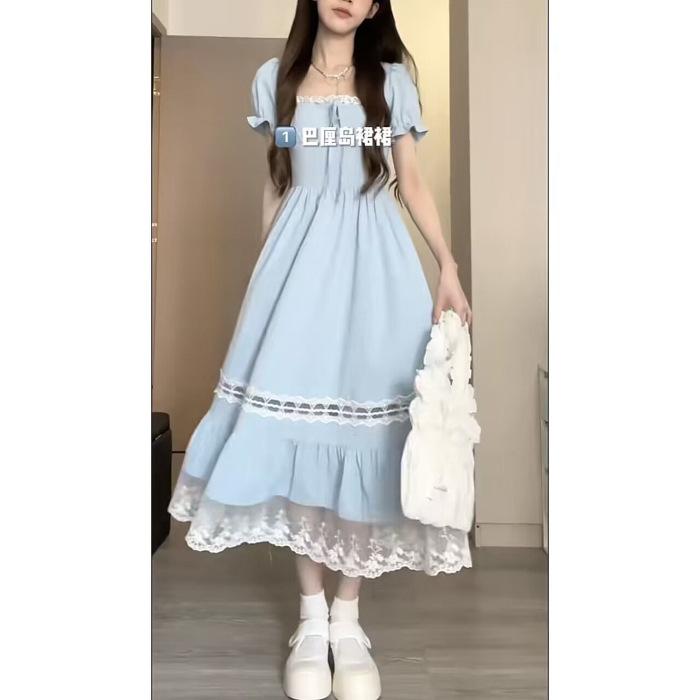 French high-end blue bubble sleeve dress children's summer new small temperament waist dress
