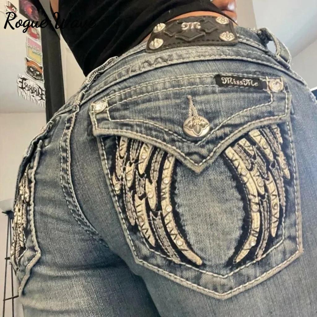 RogueWave American Vintage Y2K Rhinestone Wing Embroidered Jeans Womens Blue Low Rise Flared Denim Pants with Studded Pockets Streetwear