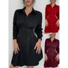 Women's Elegant Turn Down Collar Long Sleeve Knee-Length Button Down Shirt Dress Slim Waist Pleated Mini Dresses