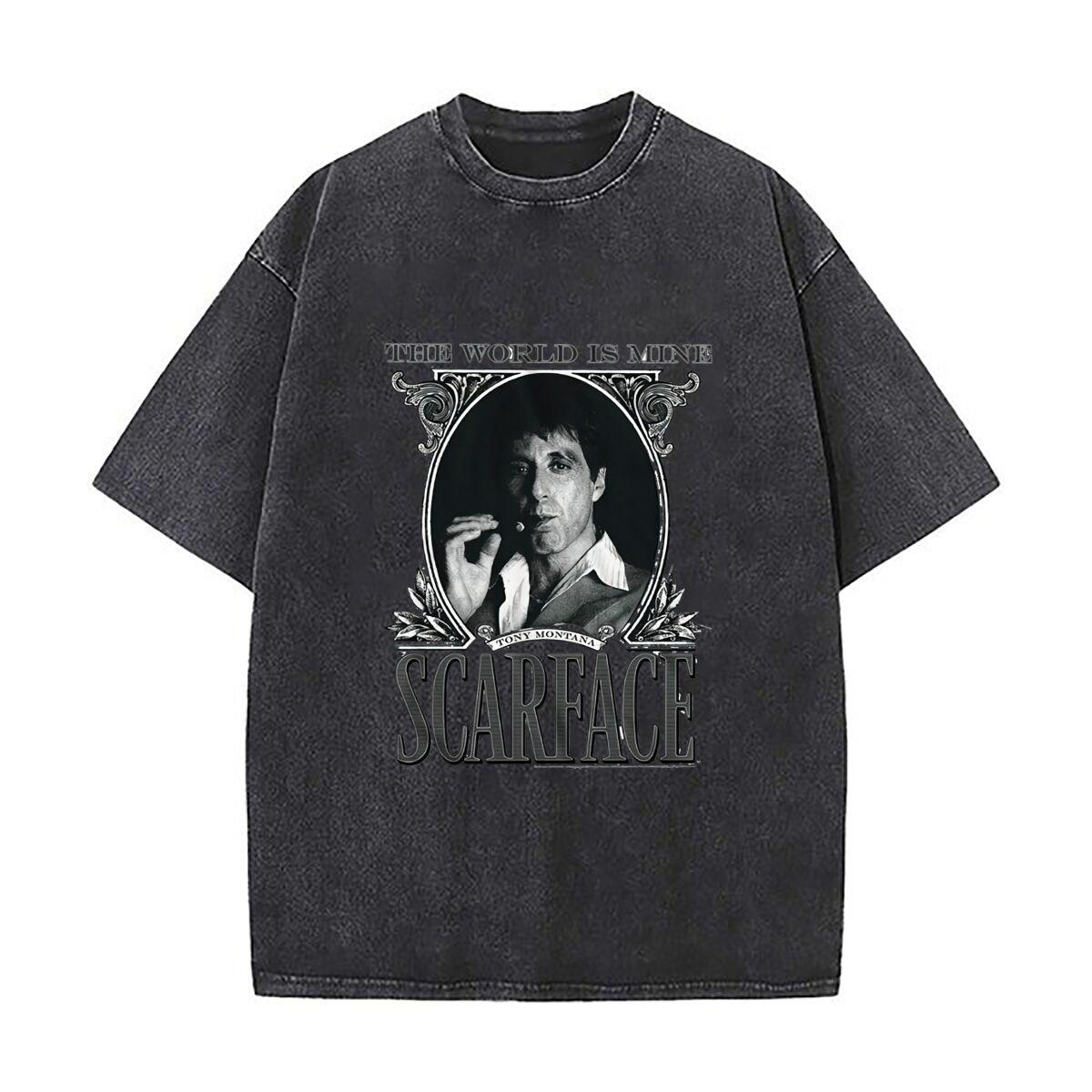 The World Is Mine Scarface design Washed Vintage TShirts Street Hip Hop Retro Punk T Shirt S