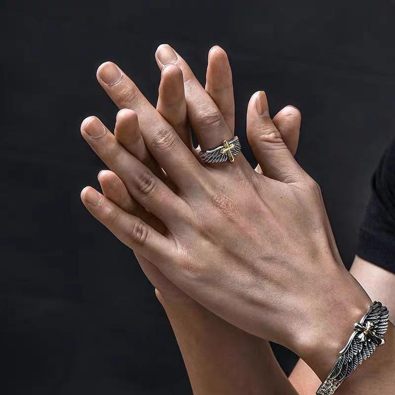 Angel Cross Ring for Men,Fashionable and Personalized Opening Ring Golden Cross Wings and Wings for Men Goth Punk Jewelry