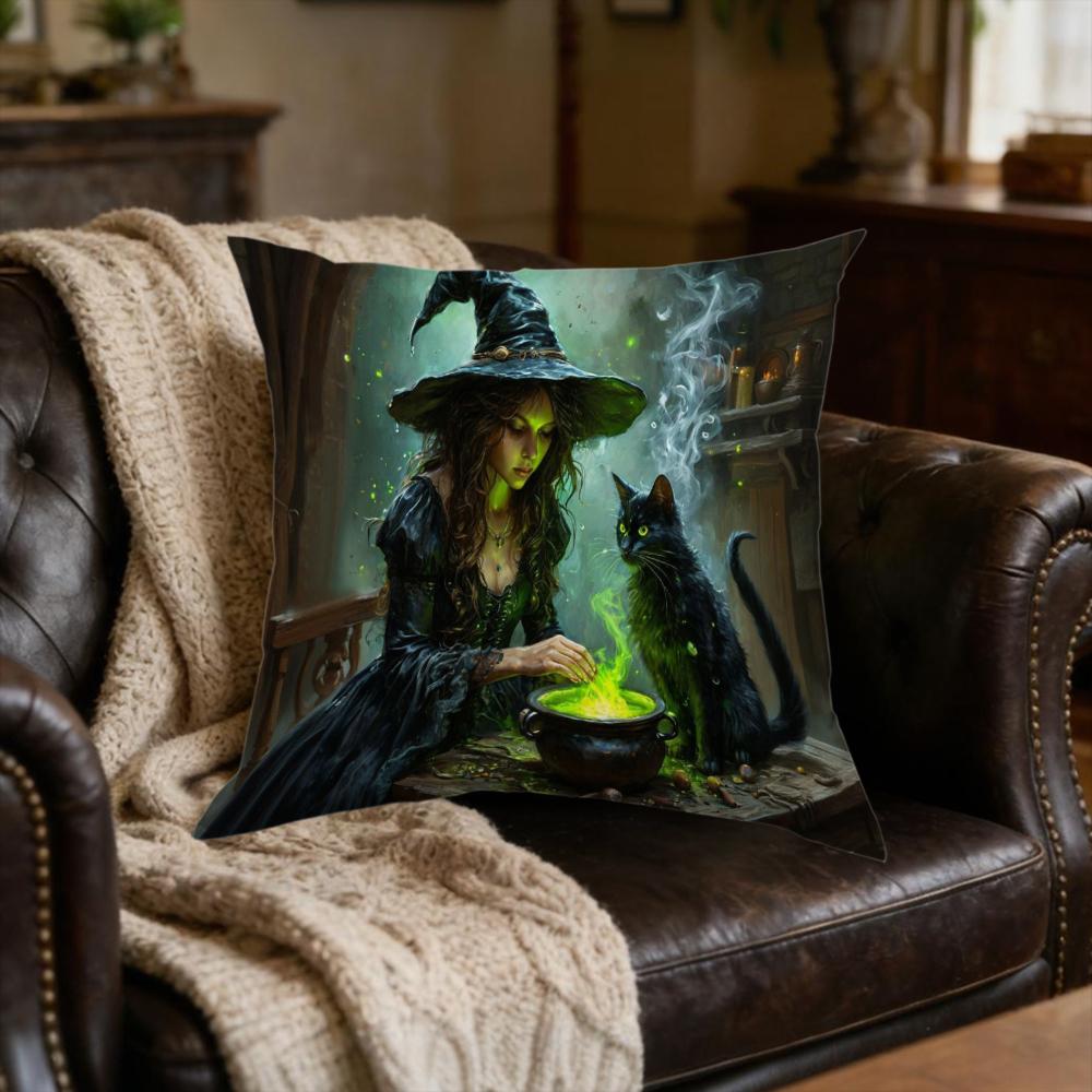 1Pc Witch And Black Cat Cushion Cover Green Magic Print Pillowcase For Sofa Bed Home Decor Soft Comfortable Throw Case