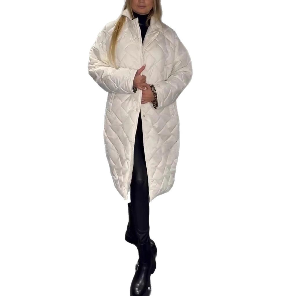 New Autumn and Winter Women's Clothing Shiny Casual Lapel Mid-length Diamond-patterned Cotton Coat