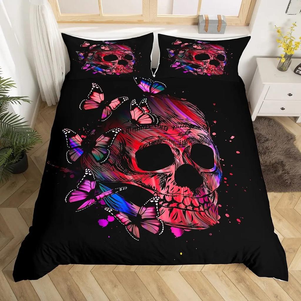 Gotisches Zuckerschädel Knochen Bettwäsche Set Skelett Hand Bettdecke Bezug Rosenblätter Romantische Blumen