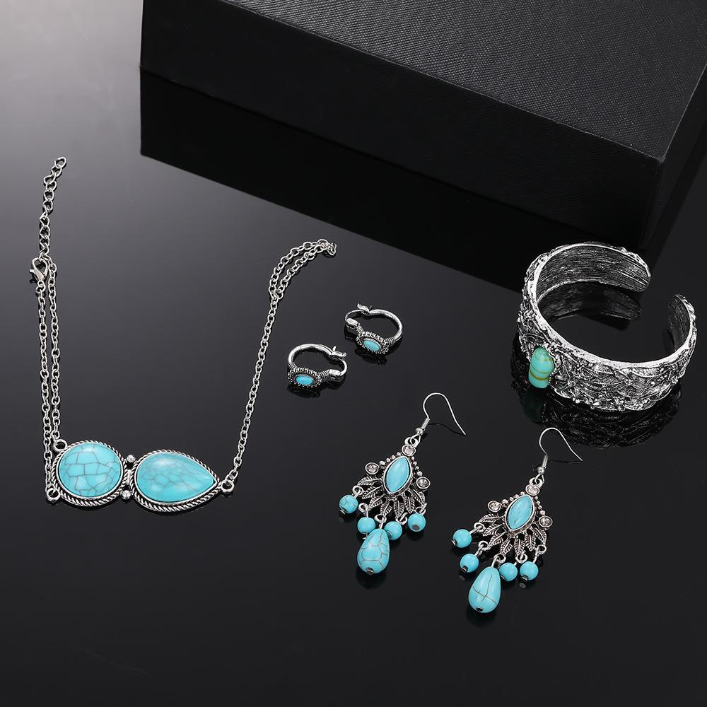 European and American Retro Ethnic Necklace Earrings, Turquoise Bracelet Ring, Light Luxury Fashion Bohemian Jewelry Set