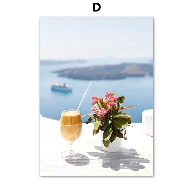 Blaue Ozean-Tür-Windmühle, Ägäis-Landschaft, Wandkunst, Leinwandgemälde, Santorini-Poster und Drucke, Wandbilder für Wohnzimmer-Dekoration