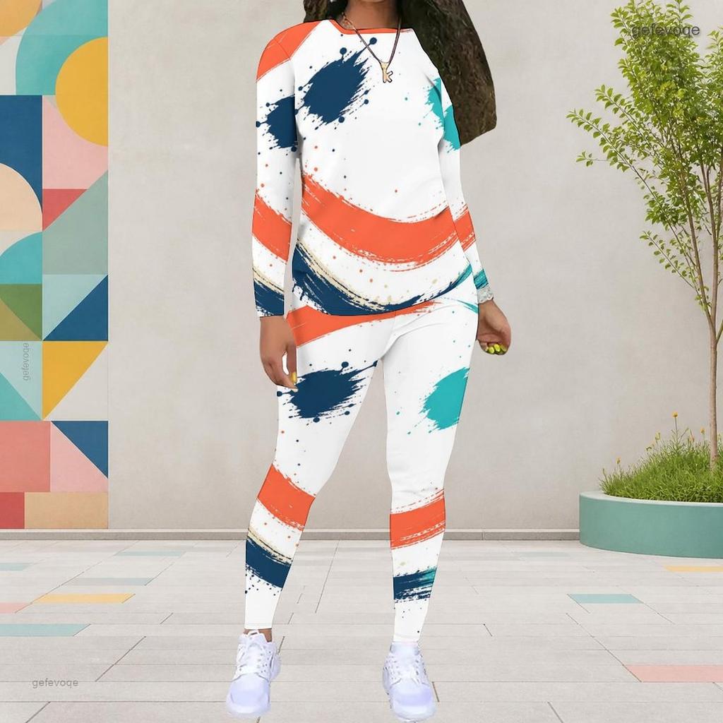 Women Plus Size White Blue Printed Round Neck Long Sleeve Top Fitted Pants Two Piece Set