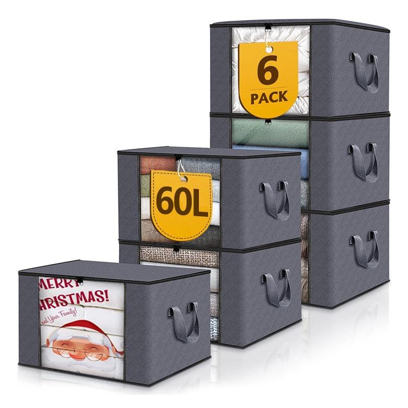 Сумка для хранения одежды 60 литров, большая вместимость, хлопковый ящик для хранения одеял, прозрачное окно, 6 штук, серый ящик для хранения