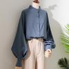 Women Spring Fall Shirt Stand Collar Loose Solid Color Long Lantern Sleeve Formal Business Style Single-breasted Cardigan Lady Commute Blouse