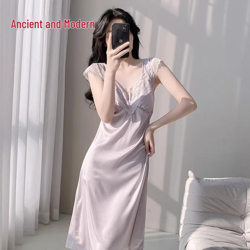 GUJIN Women s French Lace Ice Silk Nightgown with Pads XL