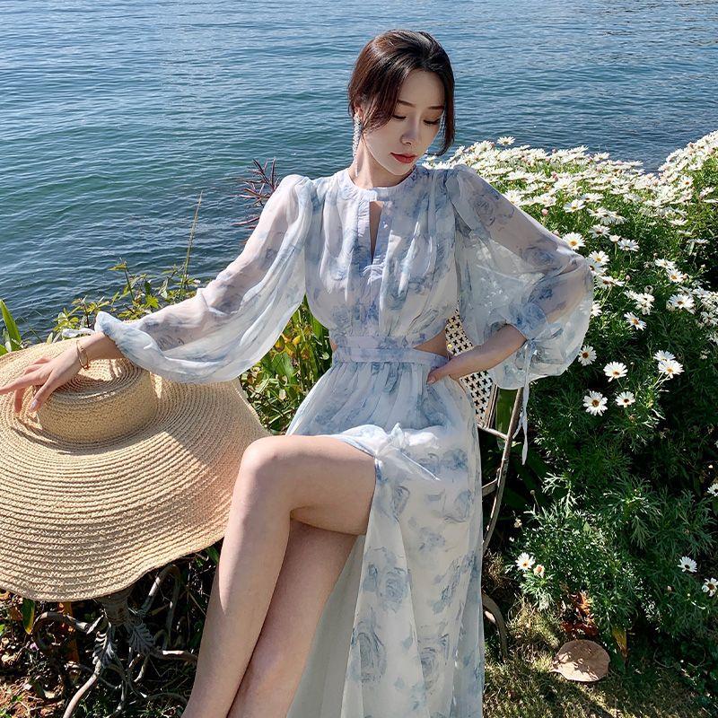 Vintage Beach Floral Midi Dress Women Elegant Hollow Out Korean Holiday  Split Dress Female Casual Long Sleeve Fairy Party Dress Buy cheaply on Joom