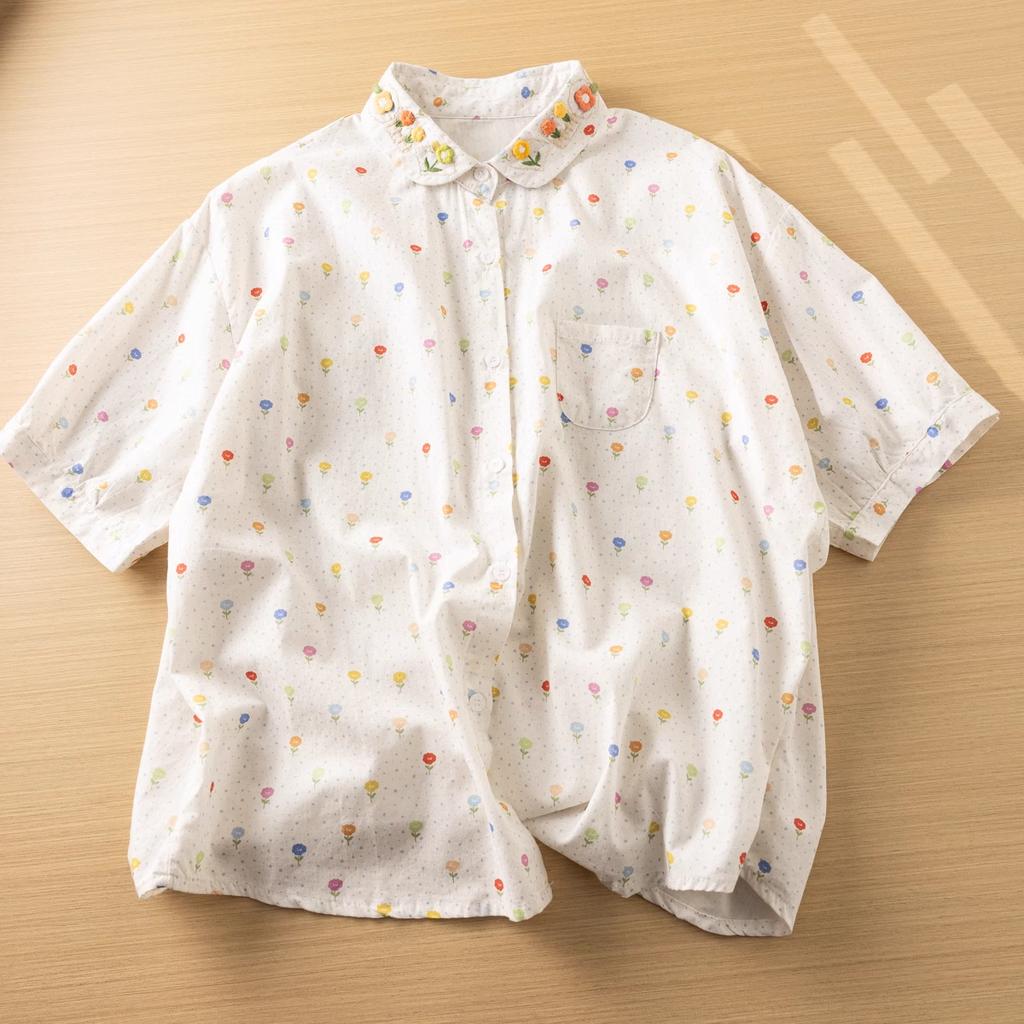 Clothing Japan Style Sweet Floral Embroidery Printed Shirts and Blouses Women Cotton Knitted Floral Shirts