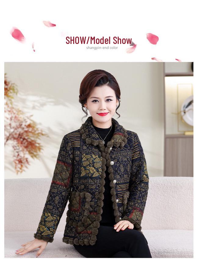 Stylish Floral Plush-Lined Cotton Jacket for Mid-Aged and Elderly Women - Warm, Loose Fit with Lapel
