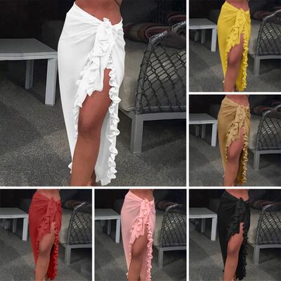 Women Beach Skirt Ruffle Breathable Solid Split Lace Color High Up Beachwear Sunscreen Mid-calf