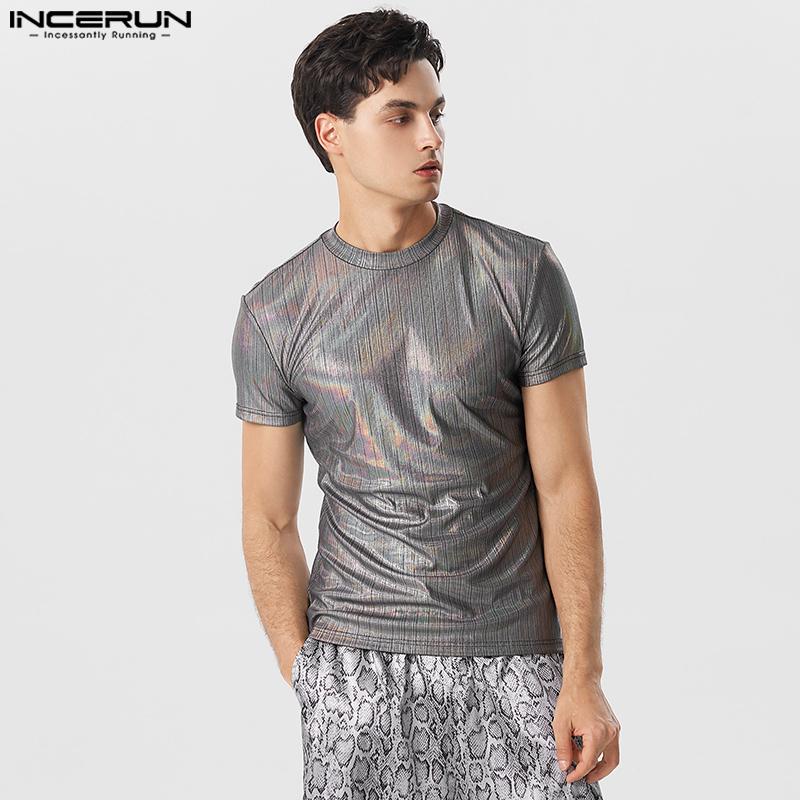 

INCERUN Мужская блестящая узкая футболка с круглым вырезом и короткими рукавами