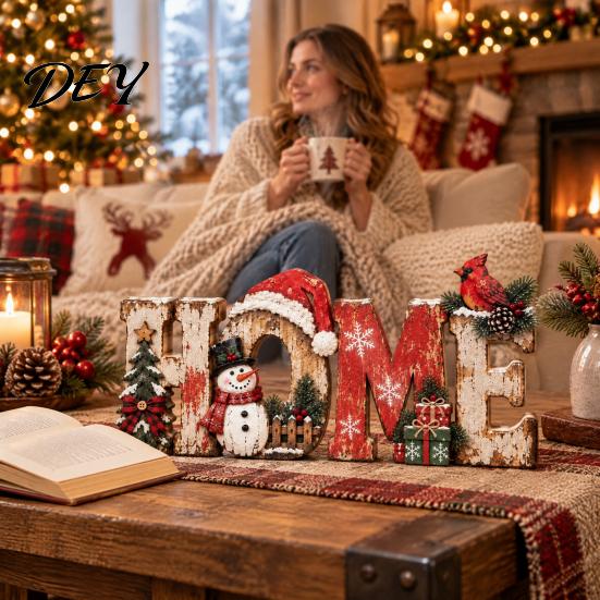 Rustic Christmas Table Centerpieces Wooden Decor, Vintage Centerpiece, HOME Letter Sign with Reusable Fireplace Accents Snowman Bird and Tree