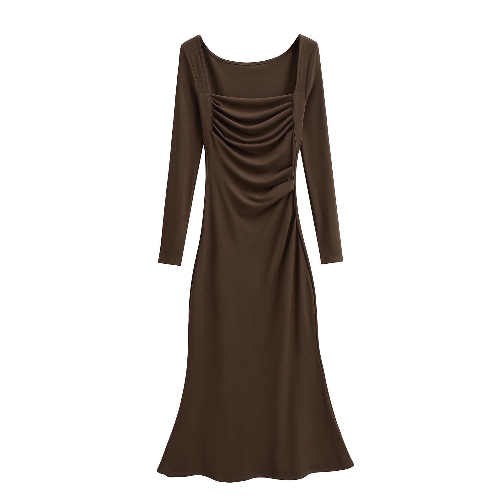 

Французское платье с квадратным вырезом, длинными рукавами и сборками - Весенняя коллекция 2025 Small кофейный