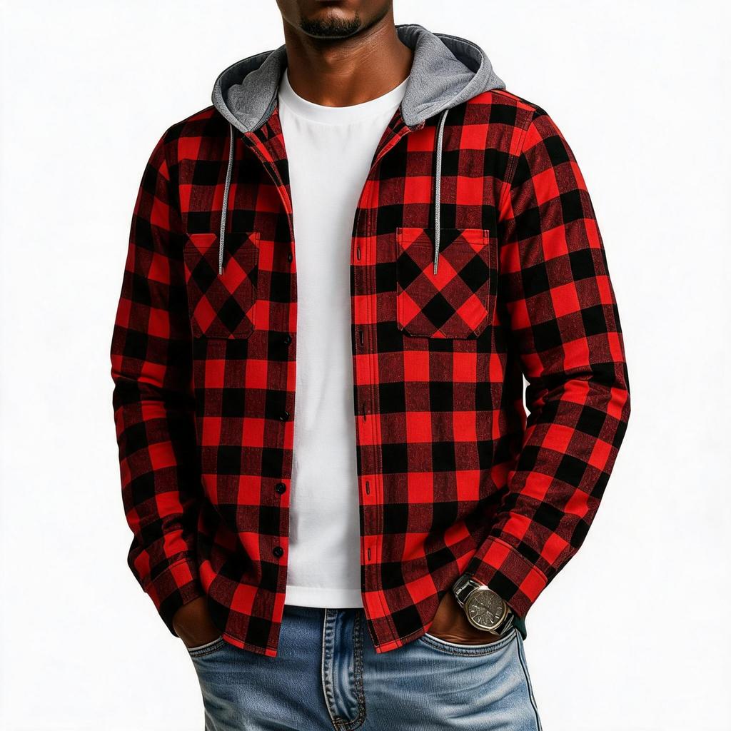Men's Plaid Flannel Hoodie Fashion Casual Long Sleeve Pullover Sweatshirt with Hood