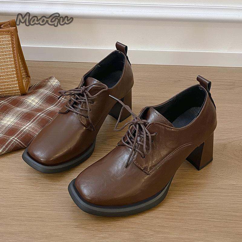 Fashion Soft Leather Retro Lace Up Single Shoes for Women 2025 Spring Autumn Square Toe Pumps French Thick High Heels for Women Footwear