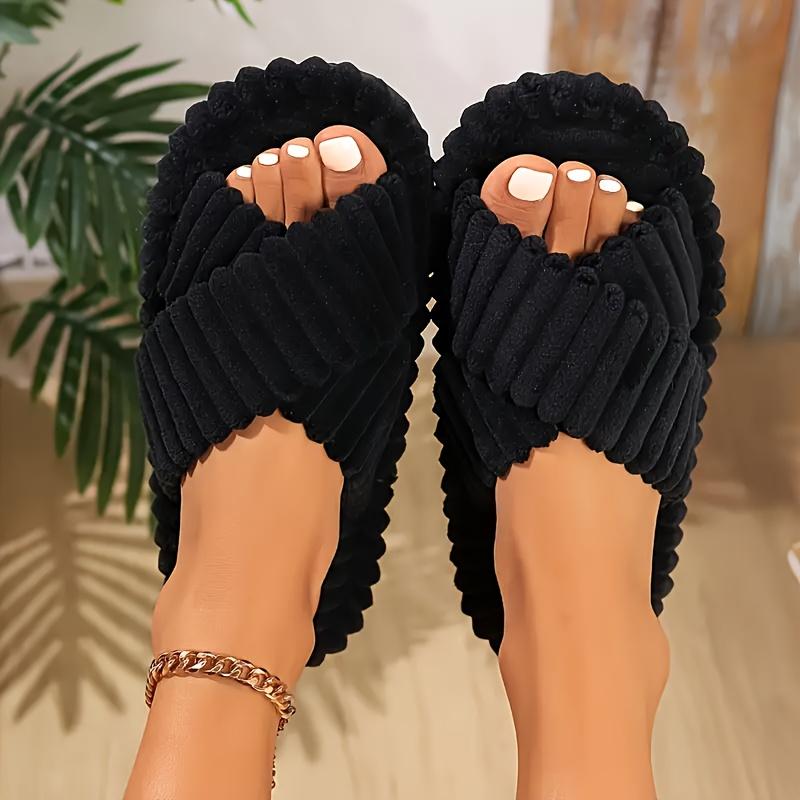 Women's Comfortable Plush Slippers, Soft Warm Winter Indoor Outdoor Thick Sole Open Toe Couple Fluffy Cute House Shoes-Multiple Colors Available