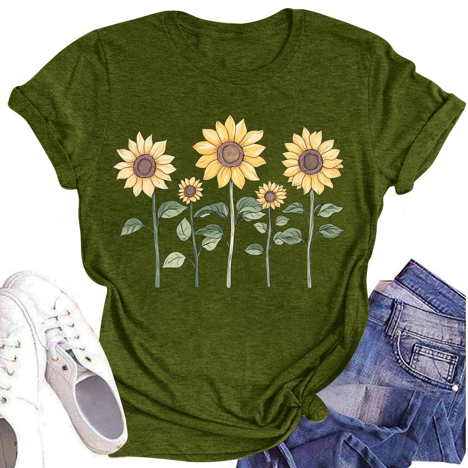 

Женская повседневная футболка с круглым вырезом и цветочным принтом, короткий рукав L армия зеленый