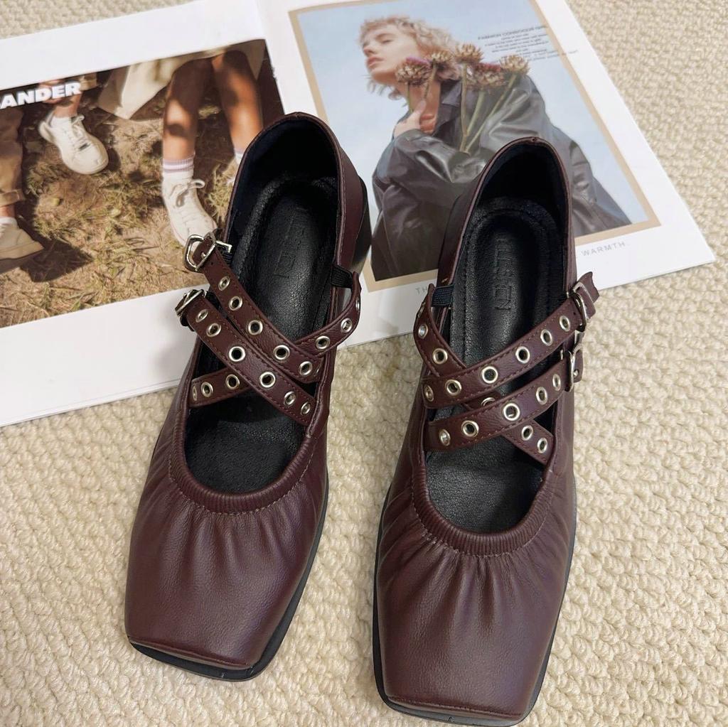 2026 Spring New Cross-Strap Shallow Opening Ballet Shoes For Women Thick Heels Versatile Mary Jane Single Shoes And High Heels
