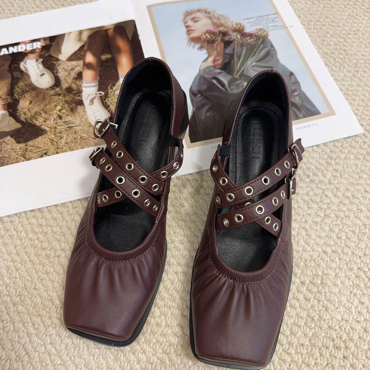 

2026 Spring New Cross-Strap Shallow Opening Ballet Shoes For Women Thick Heels Versatile Mary Jane Single Shoes And High Heels 35