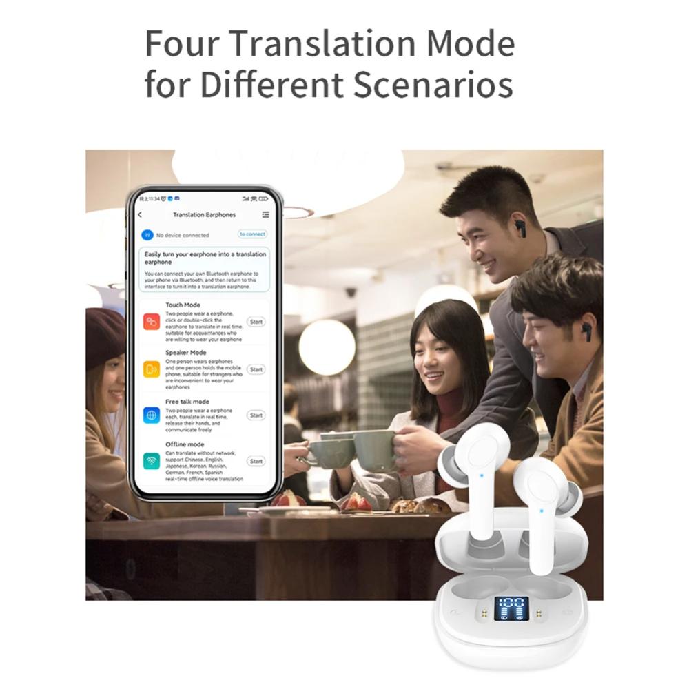 Écouteurs intra-auriculaires avec traduction en temps réel en 144 langues, 4 modes de traduction, connexion Bluetooth sans fil, réduction du bruit, étanchéité IPX6