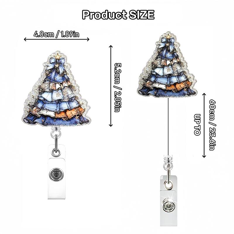Glitter Acrylic Christmas Tree Badge Clip Retractable Keychain With Card Holder For Party Gift