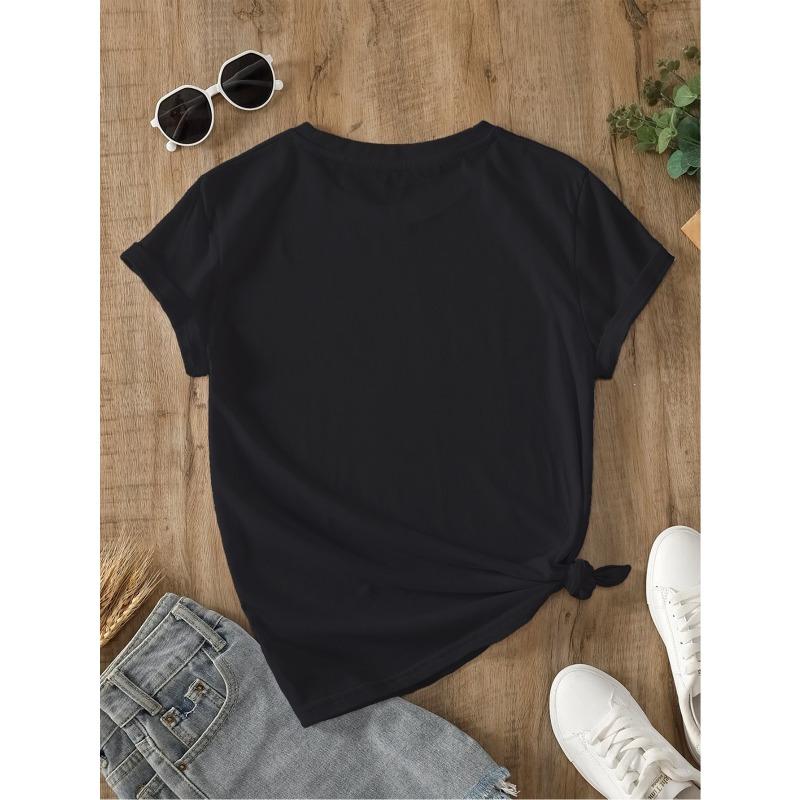 Women Black T-Shirt White Daisy Falling Heart Petals Print Round Neck Short Sleeve Soft Casual Valentine Floral Graphic Tee Top