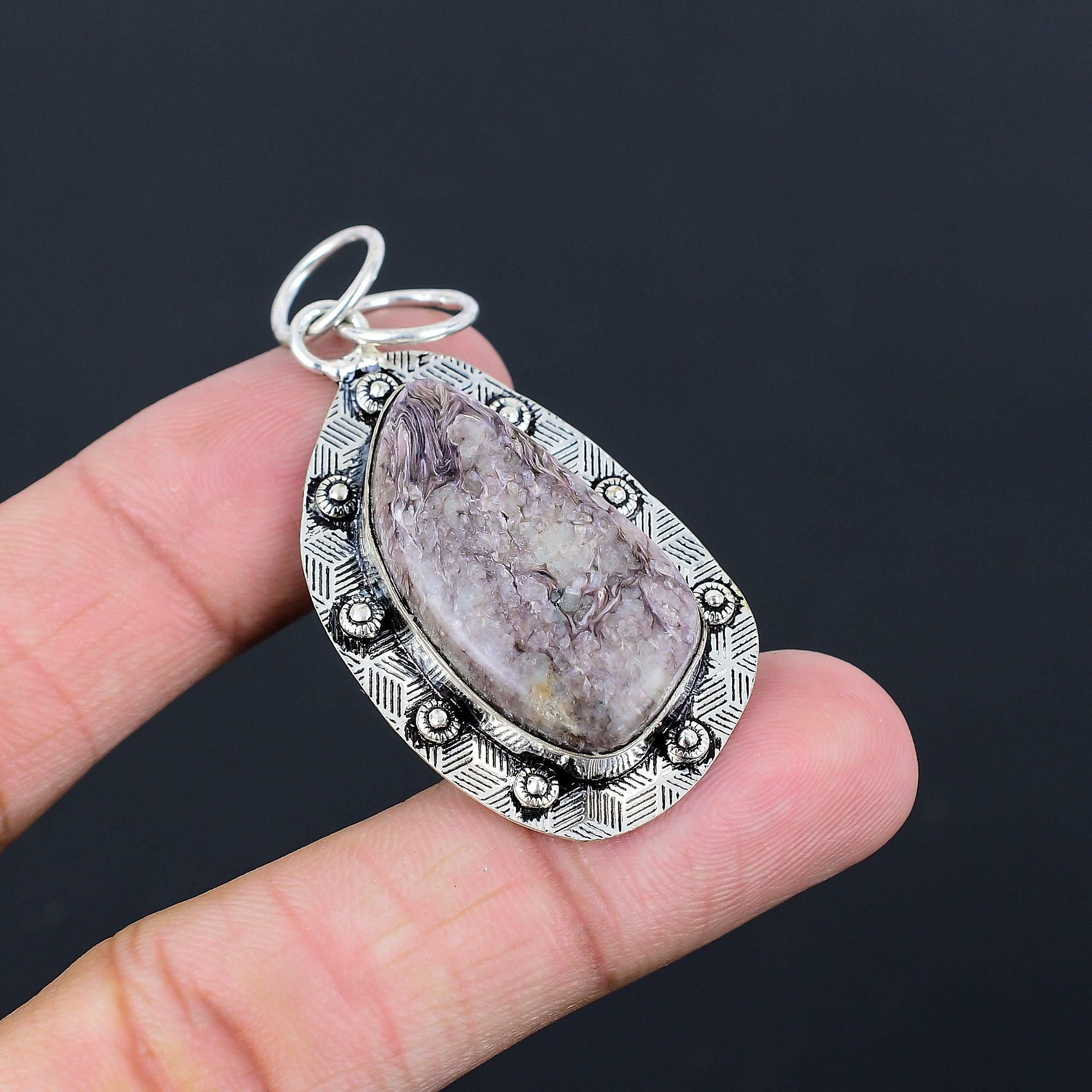 Sterling Silver Charoite Stone Ethnic Third Eye Chakra Birthday Pendant Jewelry